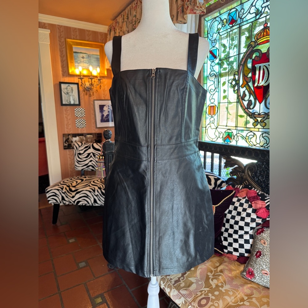 Faux Black Leather Zip Front Mini Pinafore Dress - Wild Fable